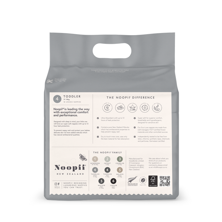 Noopii Toddler Nappies with premium 12-hour leak protection and NZ manuka hydrosol 