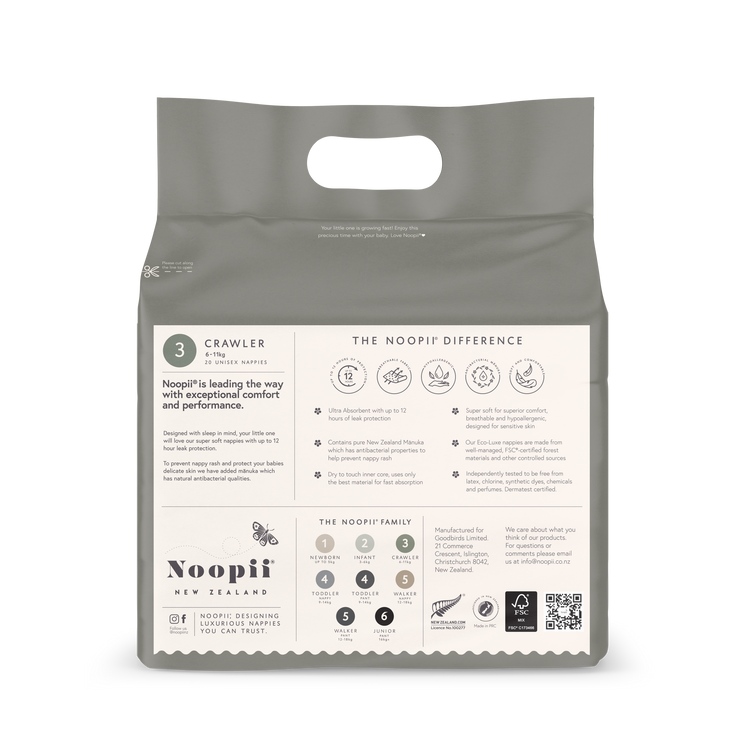 Noopii Crawler Nappies for babies 6kg to 11kg - contains NZ Manuka Hydrosol